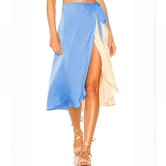 Lovers + Friends Margarita Midi Wrap Skirt in Ocean & Nude Small